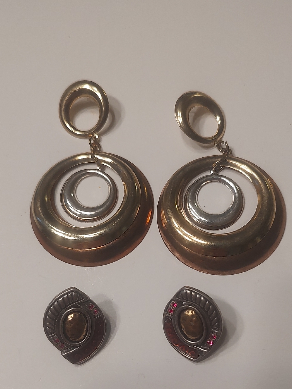Chico's Stud Mixed Metal Earrings With Red Accent & Light Circular Drop Earrings